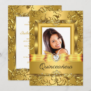Quinceanera 15th Gold Damask Photo Pearl Invitation