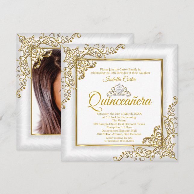 Quinceanera 15th Gold White Pearl Tiara Photo Invitation (Front/Back)