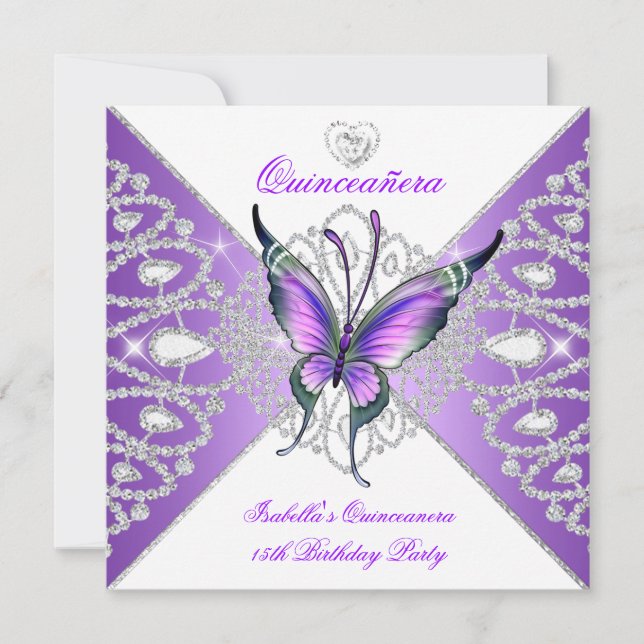 Quinceanera 15th Party Butterfly Purple Tiara 2 Invitation (Front)
