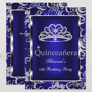 Quinceanera 15th Party Dark Blue Damask Silver Invitation
