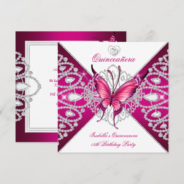 Quinceanera 15th Party Dark Pink Butterfly Tiara Invitation (Front/Back)