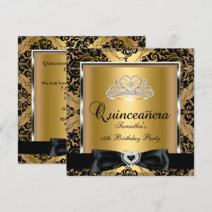 Quinceanera 15th Party Gold Damask Silver Black Invitation