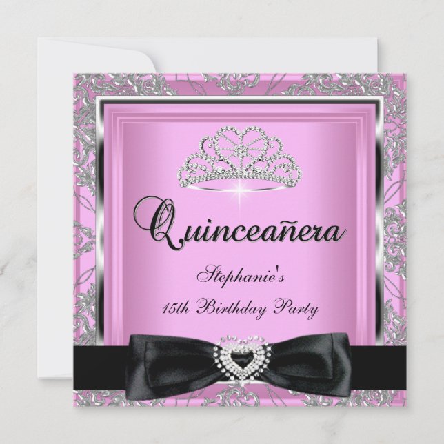 Quinceanera 15th Party Pink Damask Silver Black Invitation (Front)