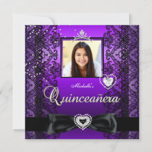 Quinceanera 15th Party Purple Black Lace Photo Invitation