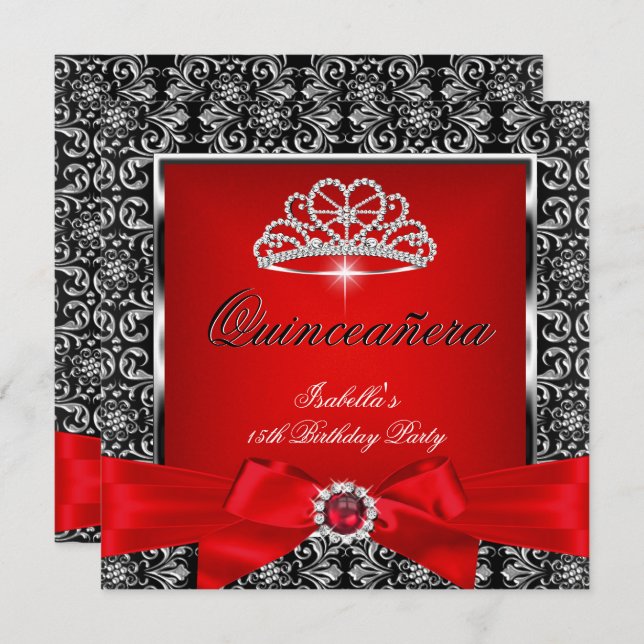 Quinceanera 15th Party Red Damask Silver Black 3 Invitation (Front/Back)