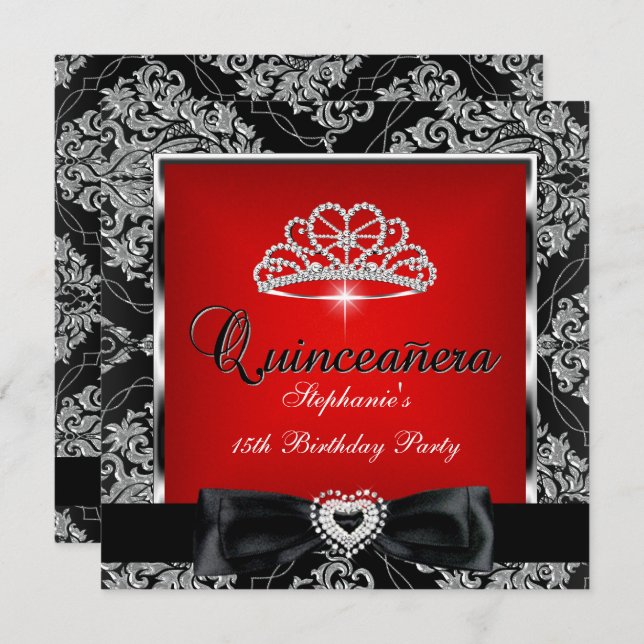 Quinceanera 15th Party Red Damask Silver Black Invitation (Front/Back)