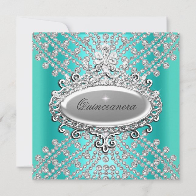 Quinceanera 15th Party Teal Blue White Diamond Invitation (Front)