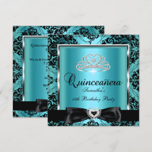 Quinceanera 15th Party Teal Damask Silver Black Invitation
