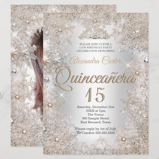 Quinceanera 15th Photo Silver Beige Snowflake Invitation (Front/Back)