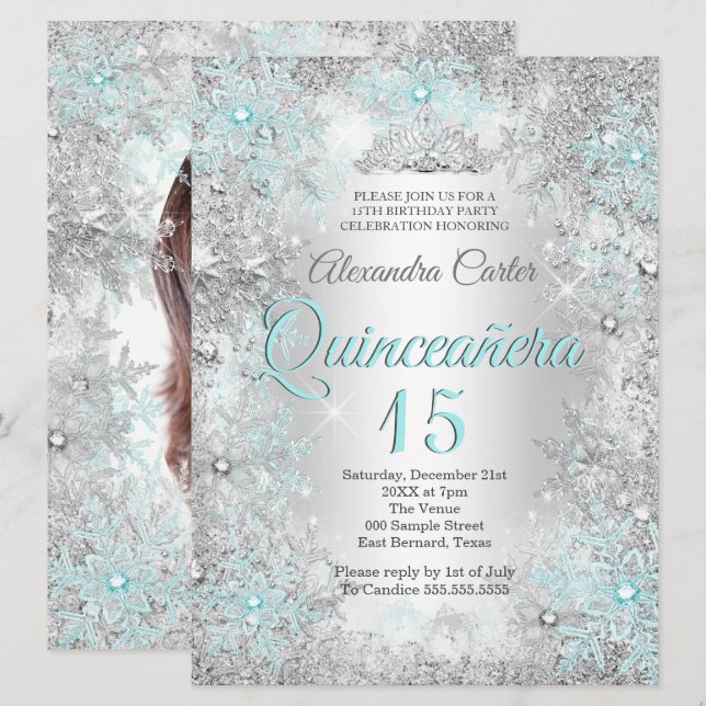 Quinceanera 15th Photo Silver Teal blue Snowflake Invitation (Front/Back)