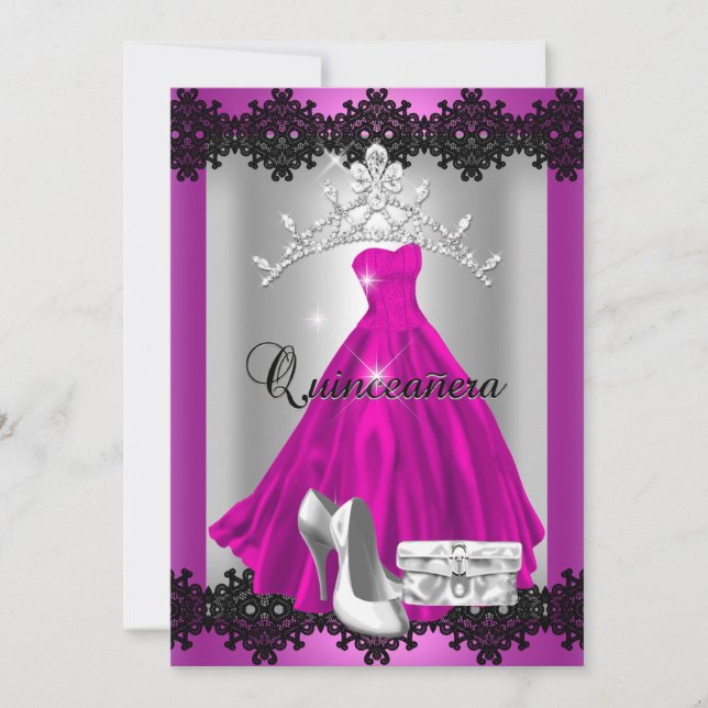 Quinceanera 15th Pink Black Silver Diamond Tiara Invitation (Front)
