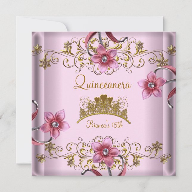 Quinceanera 15th Pink Flowers Gold Tiara Invitation (Front)
