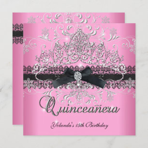 Quinceanera 15th Pink Glitter Tiara Black Bow Invitation