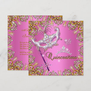 Quinceanera 15th Pink Masquerade Party Gold Invitation