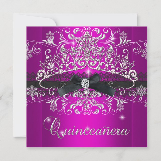 Quinceanera 15th Pink Purple Glitter Tiara Black Invitation (Front)