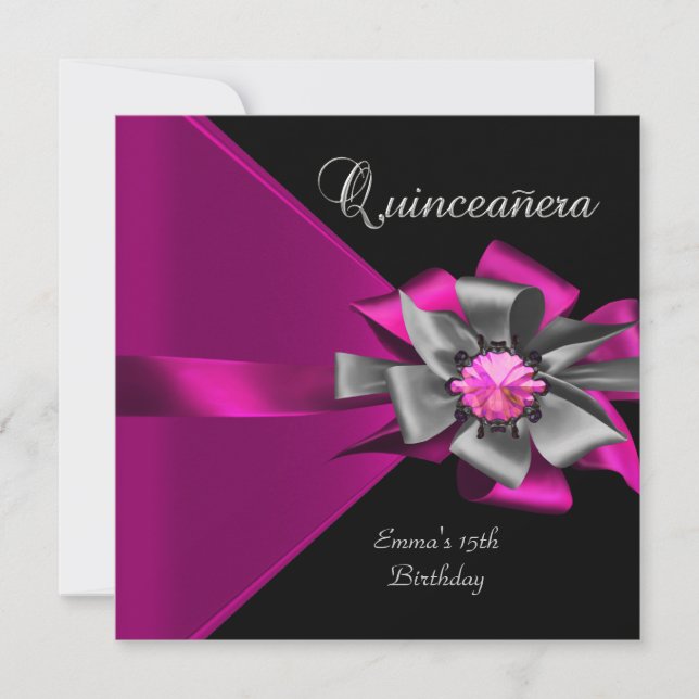Quinceanera 15th Pink Silver Black Grey Bow 3 Invitation (Front)