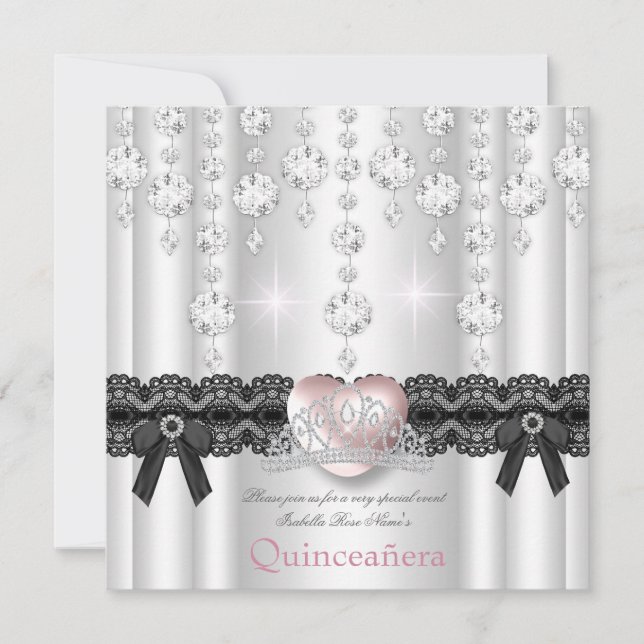 Quinceanera 15th Pink Silver Heart Diamonds Invitation (Front)