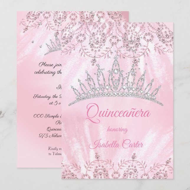 Quinceanera 15th Pretty Pink glitter Tiara party Invitation (Front/Back)