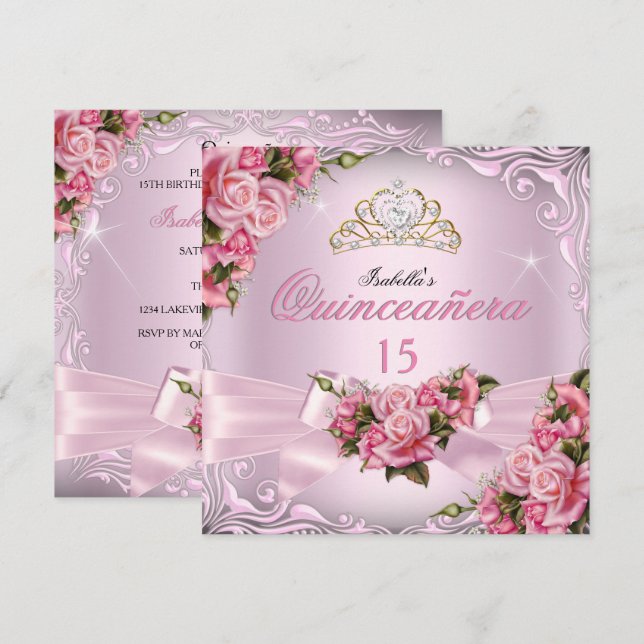 Quinceanera 15th Pretty Pink Roses Tiara Birthday Invitation (Front/Back)