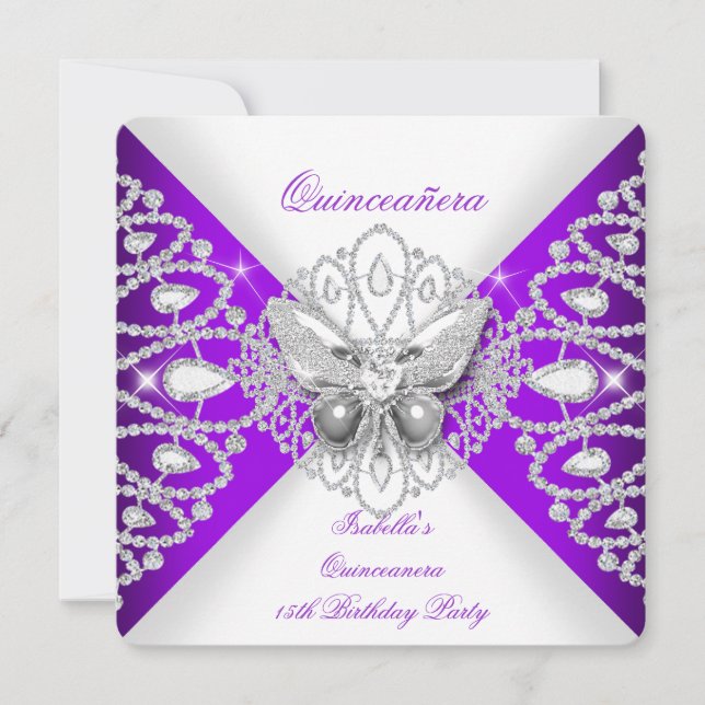 Quinceanera 15th Purple Butterfly Tiara Party Invitation (Front)