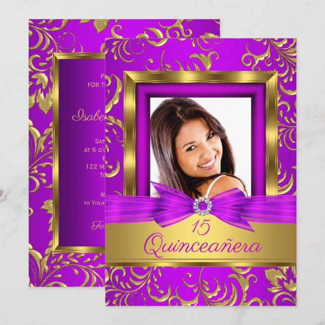 Quinceanera 15th Purple pink Gold Damask Photo Invitation (Front/Back)