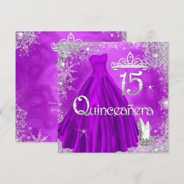 Quinceanera 15th Purple Silver Snowflakes Party 2 Invitation (Front/Back)