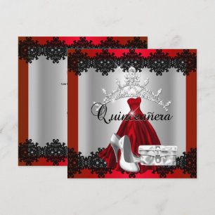Quinceanera 15th Red Black Silver Diamond Tiara Invitation
