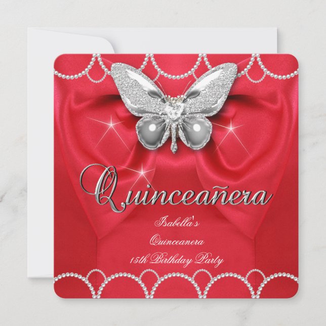 Quinceanera 15th Red Butterfly Pearl Party Invitation (Front)