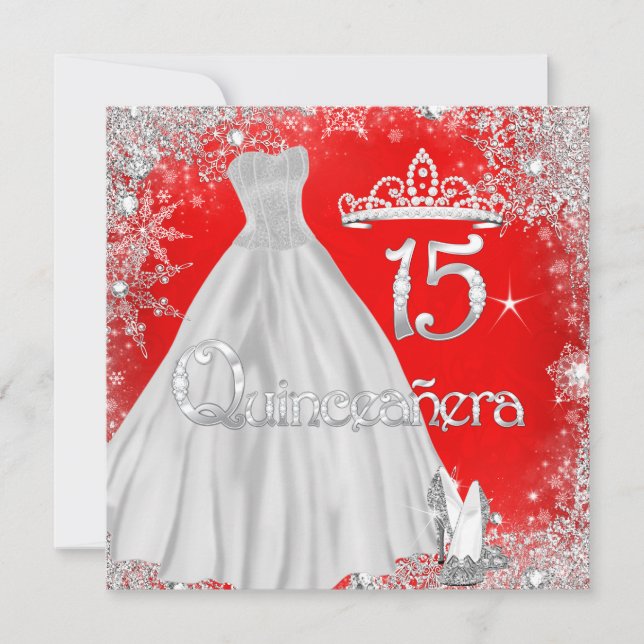 Quinceanera 15th Red Silver Snowflakes Party Invitation (Front)