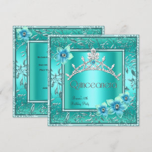 Quinceanera 15th Teal Blue Flower Silver Tiara Invitation