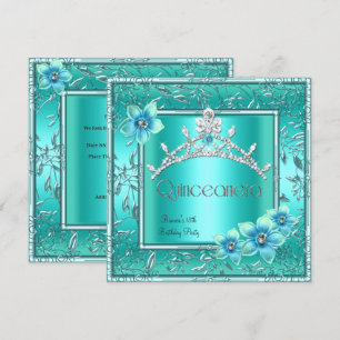 Quinceanera 15th Teal Blue Flower Silver Tiara Invitation