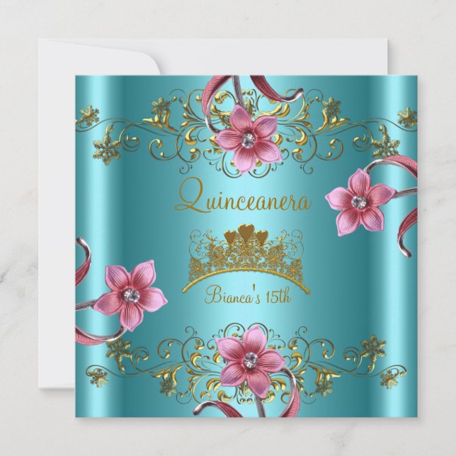 Quinceanera 15th Teal Blue Pink Flowers Gold Tiara Invitation (Front)