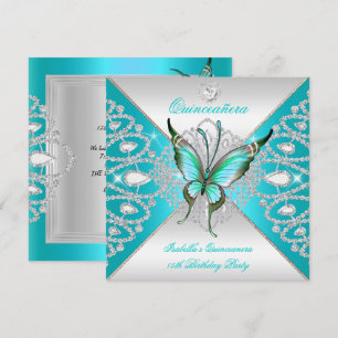 Quinceanera 15th Teal Blue Silver Butterfly Tiara Invitation