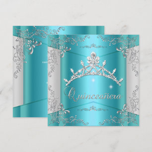 Quinceanera 15th Teal Blue Silver Tiara Invitation