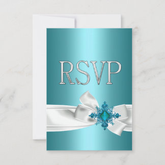 Quinceanera 15th Teal Blue Silver White Bow RSVP Invitation