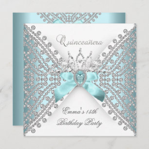 Quinceanera 15th Teal Blue Silver White Diamond Invitation