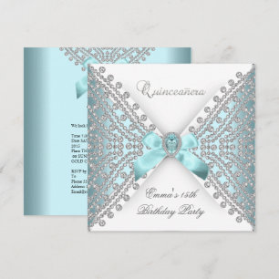 Quinceanera 15th Teal Blue White Faux Diamond Invitation