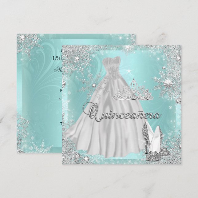 Quinceanera 15th Teal Silver Birthday Party Invitation (Front/Back)