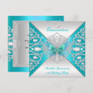 Quinceanera 15th Teal Silver Butterfly Tiara 2 Invitation