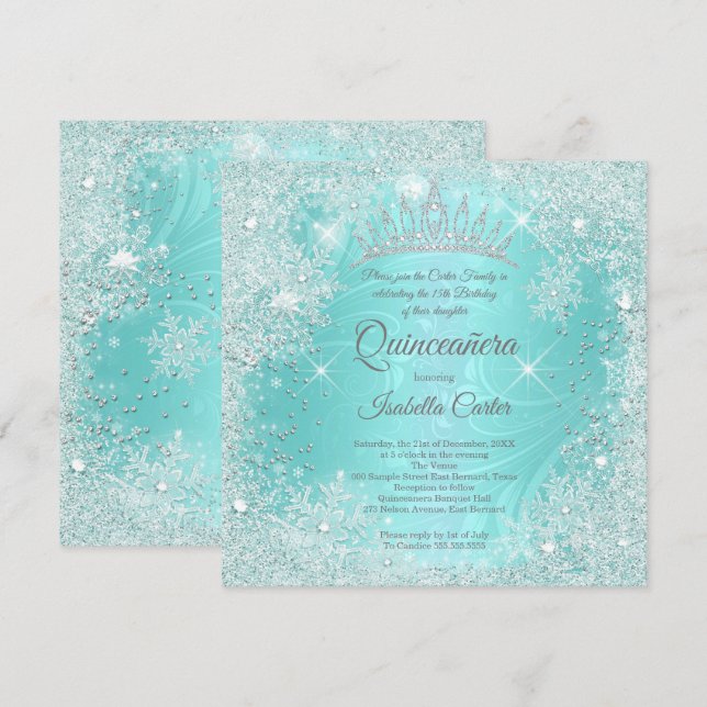 Quinceanera 15th Teal Snowflake Winter Wonderland Invitation (Front/Back)