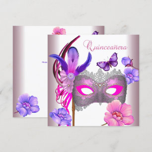 Quinceanera 15th White Pink Purple Mask Invitation