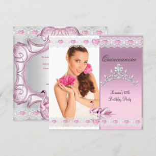 Quinceanera 15th White Pink Swans Tiara Photo Invitation