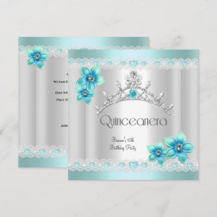 Quinceanera 15th White Teal Blue Silver Tiara Invitation