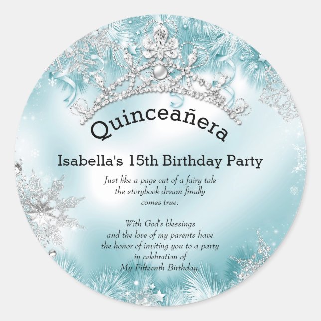 Quinceanera 15th Winter Wonderland Silver Teal 2 Classic Round Sticker (Front)