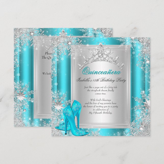 Quinceanera 15th Winter Wonderland Teal Aqua Invitation (Front/Back)