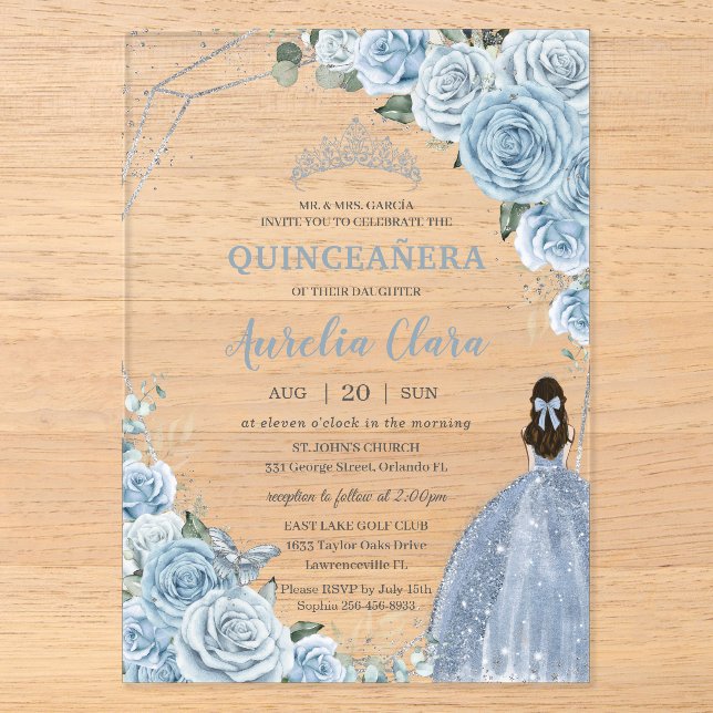 Quinceañera 16 Baby Blue Floral Princess Silver Acrylic Invitations (Front)