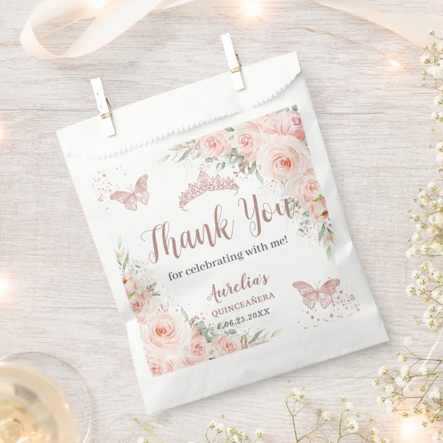 Quinceanera 16 Blush Floral Rose Gold Butterflies Favour Bag (Clipped)