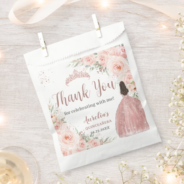 Quinceanera 16 Blush Floral Rose Gold Princess Favour Bag (Clipped)