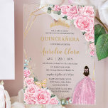 Quinceañera 16 Pink Roses Floral Gold Butterflies Acrylic Invitations<br><div class="desc">Add a touch of elegance to your special occasion with our luxurious pink roses floral acrylic invitations, featuring a girl in a pink ball gown, a gold princess crown, delicate butterflies, a gold geometric frame, and refined gold accents. Ideal for quinceañeras, Sweet 16s, 18th birthdays, debutante balls, and other milestone...</div>