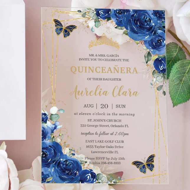 Quinceañera 16 Royal Blue Floral Gold Butterflies Acrylic Invitations (Creator Uploaded)